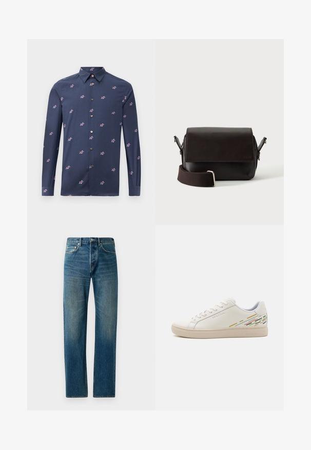 Navy blauwe overhemd van katoen met lange mouwen, voorzien van kleine rode en witte sterpatronen en bruine knopen. Klassiek kraagontwerp.; Blauwe denim jeans met een recht gesneden ontwerp, voorzien van een vijf-pocketstijl, subtiele vervaging en contrasterende stikselaccenten.; Witte leren sneakers met een gladde textuur, voorzien van kleurrijke lijnpatronen op de hak en een beige rubberen zool.; Donkerbruine leren schoudertas met klepsluiting en verstelbare stoffen riem op witte achtergrond.