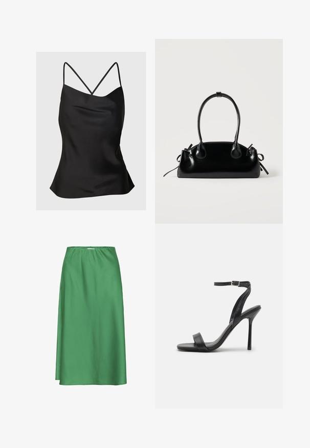 Sort satin camisole med tynde, justerbare stropper. Designet har en glat overflade og en let A-formet silhouette ved kanten.; Grøn satin nederdel med elastisk taljebånd, midt-længde, glat tekstur og et enkelt, flydende design uden synlige mønstre eller accenter.; Sort højhælet sandal med en slank ankelrem og to forreste bånd. Lavet af glat læder med en slank spids tå og stilettohæl.; Lille sort blank håndtaske med to lange håndtag og snøre-detaljer i siden på en ensfarvet lys baggrund.
