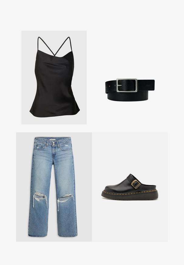 Schwarzes Satin-Top mit dünnen, verstellbaren Trägern. Das Design zeichnet sich durch eine glatte Textur und eine leicht ausgestellte A-Linie am Saum aus.; Hellblaue Denim-Jeans mit geradem, weitem Bein, die an den Knien deutliche Risse und ausgefranste Kanten aufweisen. Mit Knopf- und Reißverschluss.; Schwarze Leder-Mules mit breitem Riemen und Messing-Schnalle. Verfügt über eine strukturiere Gummisohle mit gelben Nähakzenten.; Schwarzer Ledergürtel mit silberner rechteckiger Schnalle und mehreren Verstelllöchern, flach auf weißem Hintergrund liegend.