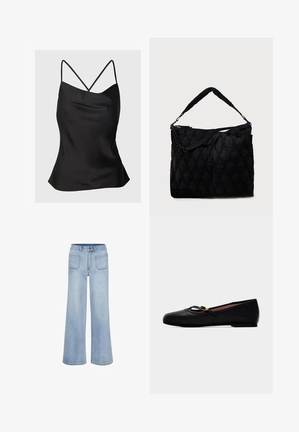 Sort satin camisole med tynde, justerbare stropper. Designet har en glat overflade og en let A-formet silhouette ved kanten.; Lyseblå vidbukser lavet af denim, med høj talje, fem lommer og en ren afslutning ved kanten.; Sort flad sko i læder med en tynd rem og lille guldfarvet hjerteformet spænde, rundet tå og lav hæl.; Sort quiltet tote-taske med et tekstureret diamantmønster, udstyret med en kæde- og stofskulderrem. Lynlåslukning øverst.