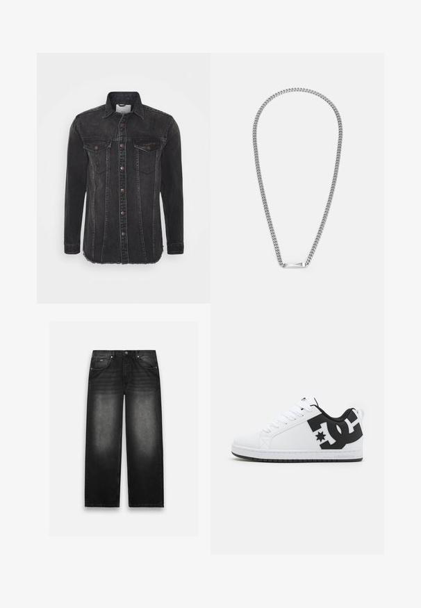 Sort denimjakke med lange ærmer, knaplukning, to brystlommer og frynset kant. Har subtil falming og syede detaljer.; Sorte denim jeans med bred bendesign. Har fem lommer, let falmning og solid syning. Knaphul- og lynlås-lukning.; Hvide atletiske sko med en glat syntetisk overdel, der har sorte logo-detaljer og en gummisål. Snørebåndsdesign, med afrundet tåform.; Sølvfarvet metal kædette med en flad, rektangulær midterdel. Kæden har et klassisk design med sammenkædede led og en glat overflade.