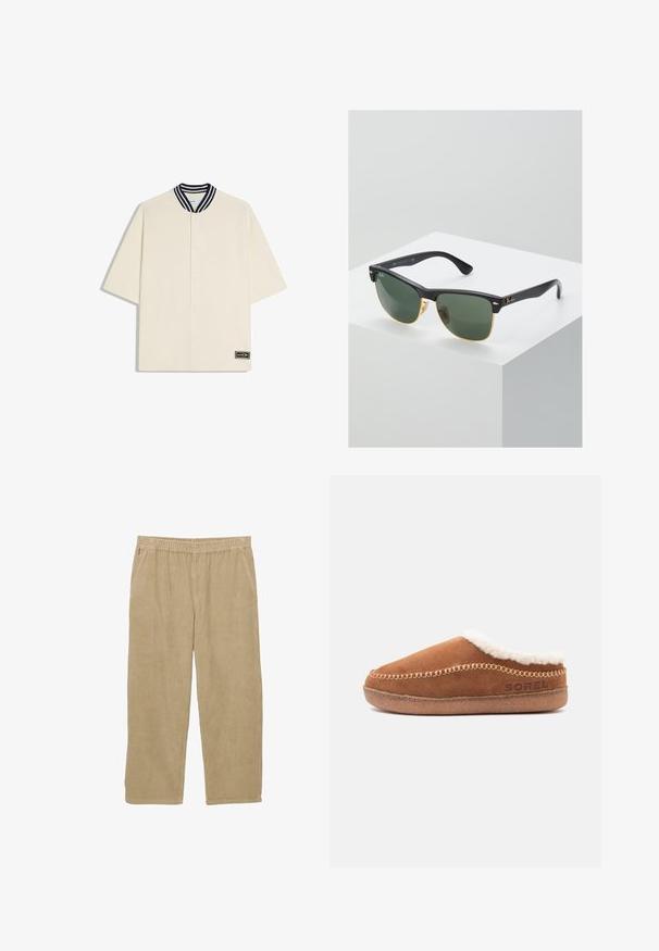 Chemise écru à manches courtes avec boutons-pression, col rayé noir et blanc, et petite étiquette rectangulaire noire avec logo à l'ourlet.; Pantalons en velours côtelé beige avec une coupe évasée, taille élastique et deux poches latérales. Présente une texture à côtes verticales.; Chausson marron en daim à enfiler avec doublure en polaire blanche et détails de couture, avec le logo Sorel sur le côté.; Lunettes de soleil Ray-Ban avec des verres verts, monture en plastique noir et accents dorés sur les bords. Forme carrée avec une finition mate.