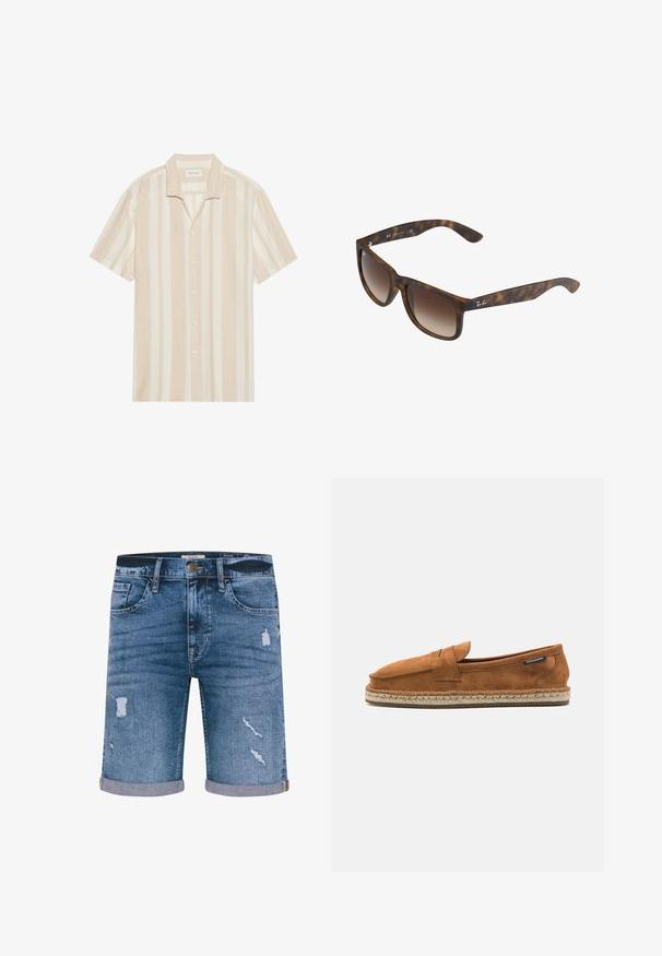 Kortærmet skjorte med klapkrave, prydet med lodrette beige og creme striber, lavet af et blødt stof med knaplukning foran.; Denimshorts i medium blå med distressed detaljer, opsmøgede kant, fem lommer og metalknaplukning. Standard pasform.; Brun ruskind slip-on sko med rund tå, der har en vævet jute sål og et lille accentbånd over forfoden.; Skildpadde-solbriller med brune gradientlinser, rektangulær form, tykke stel og en sølvlogoaccent på siden.