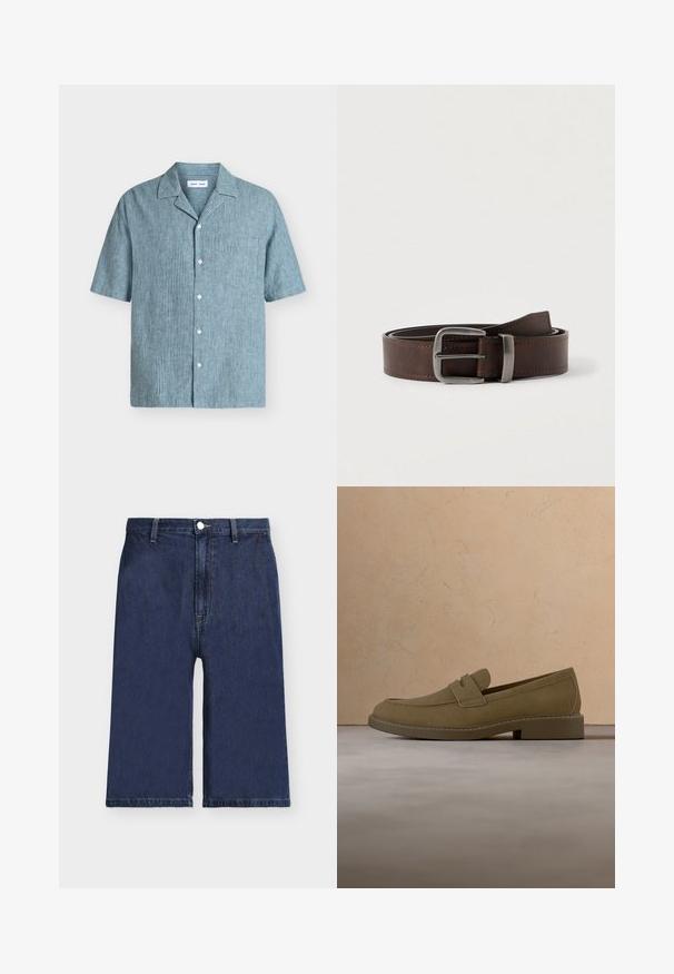 Chemise à rayures verticales bleu et blanc à manches courtes, boutonnée, avec une poche poitrine unique et un col cranté.; Short en denim bleu foncé longueur genou avec passants pour ceinture, bouton de devant et braguette zippée, présenté sur un fond uni gris clair.; Mocassin en daim marron flottant au-dessus d'un tapis beige texturé dans un salon avec une table basse en bois et des livres empilés.; Ceinture en cuir marron foncé avec une boucle rectangulaire en argent, enroulée et placée sur un fond clair et neutre.