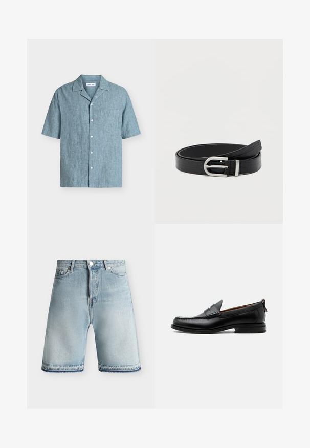 Chemise à rayures verticales bleu et blanc à manches courtes, boutonnée, avec une poche poitrine unique et un col cranté.; Short en denim bleu clair avec fermeture bouton et zip, passants de ceinture, poches avant et ourlets effilochés sur fond uni.; Mocassin homme en cuir noir avec couture moc toe, bride penny, col texturé et petit talon empilé sur fond blanc.; Ceinture en faux cuir noir avec texture crocodile et boucle ronde en argent, enroulée sur un fond blanc uni.