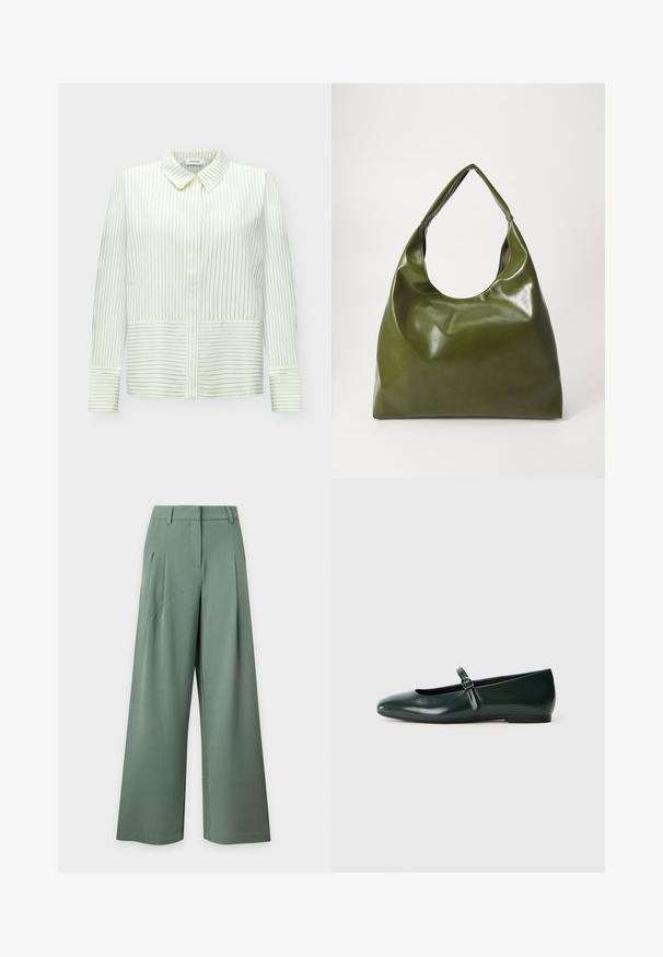 Blouse blanche à manches longues avec fines rayures noires verticales sur le haut et rayures horizontales sur la partie inférieure et aux poignets, avec un col pointu.; Pantalon taille haute à jambes larges en vert doux avec passants de ceinture, poches latérales et plis devant sur un fond clair.; Chaussure plate en cuir verni vert foncé avec une fine lanière unique et une petite boucle en argent, dotée d'un bout arrondi et d'un petit talon.; Sac hobo en cuir vert au design décontracté, avec une poignée incurvée et une texture lisse. Ne contient aucun matériel ou accent visible.
