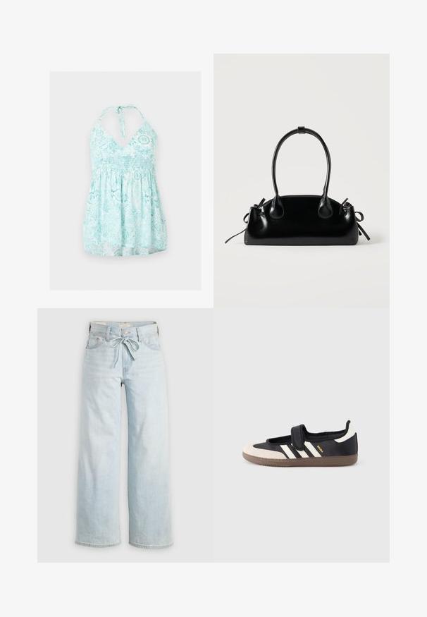 Lyseblå og hvide halterneck-sommerkjole med blomster- og geometriske mønstre og en gathered empire-talje.; Lysblå vide jeans med bindebånd fortil, klassisk fem-lomme design og subtile falmede detaljer ved benene. Denim materiale.; Sort og beige sko med velcrolukning, tre hvide striber på siden og en tekstureret brun gummisål. Mærkelogo er synligt.; Lille sort blank håndtaske med to lange håndtag og snøre-detaljer i siden på en ensfarvet lys baggrund.