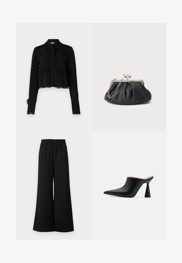 Zwarte cropped jas met franje, lange mouwen, een puntige kraag en een knoopsluiting in een gladde, lichte stof.; Zwarte wijde broek met een elastische tailleband, gemaakt van textiel stof, met een losse pasvorm en rechte zoom.; Zwarte leren muiltjes met een spitse neus en een unieke kegelvormige hak. Glad oppervlak en minimalistisch ontwerp, open achterkant voor gemakkelijk aan- en uittrekken.; Zwarte leren clutch met geplooide textuur, zilverkleurig metalen frame, drukknopsluiting en kettingriem. Glad, zacht oppervlak.