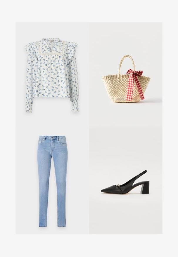 Blusa azul claro con estampado floral, mangas con volantes, escote en v y detalles fruncidos en los puños. Hecha de tejido suave con textura ligera.; Jeans de mezclilla azul claro con un corte ajustado, que cuentan con cinco bolsillos, detalles de costura sutiles y una cinturilla estándar con un cierre de botón único.; Zapato de tacón slingback de cuero negro con punta afilada, pequeña correa frontal y tacón cuadrado. Textura suave con detalle de acento dorado.; Bolso tote de paja tejido con asas trenzadas y un lazo de cinta a cuadros rojos y blancos atado a un lado.