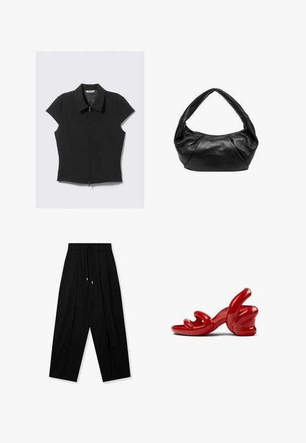 Blusa negra ajustada de manga corta con cuello puntiagudo y cremallera frontal, etiquetada como "Weekday", exhibida sobre un fondo claro.; Pantalones negros de pierna ancha con cintura elástica y cordones negros, mostrados extendidos sobre un fondo blanco.; Sandalias de tacón alto rojas con acabado brillante, que presentan formas de manos curvas y abstractas como tirantes y un tacón grueso para mayor estabilidad.; Bolso de cuero negro con una forma curva única y un asa ancha y suave. Presenta un cierre de cremallera y una textura suave con pliegues sutiles.