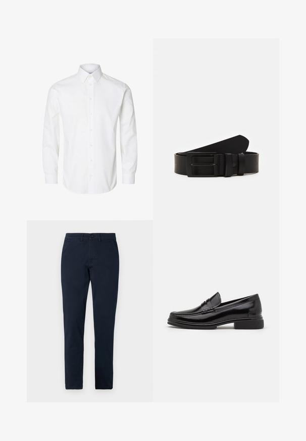 Wit overhemd met lange mouwen, een puntige kraag, zichtbare knopen vooraan en knoopmanchetten.; Heren slim-fit zwarte broek met knoop- en ritsluiting aan de voorkant, riemlussen en zijzakken.; Zwarte leren instappers met een afgeronde neus, voorzien van een gestikte detail over de wreef, en een lage blokhak. Glad textuur en glanzende afwerking.; Zwarte leren riem gerold met een matte zwarte rechthoekige metalen gesp en twee riemlussen op een witte achtergrond.