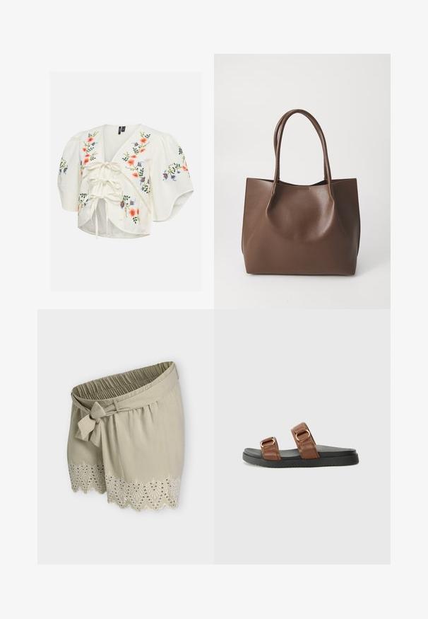 Blouse blanche à manches bouffantes, broderie florale orange, bleue et verte, avec trois liens de ruban à l'avant.; Shorts en tissu beige clair avec une taille élastique, une ceinture nouée à l’avant et un ourlet festonné brodé de motifs en dentelle.; Des sandales en cuir marron à glisser présentent deux larges lanières avec du matériel doré, reposant sur une semelle en caoutchouc noir texturé.; Sac en cuir marron avec deux longues poignées, forme structurée, texture lisse et design minimaliste. Aucun matériel ni accent visible.