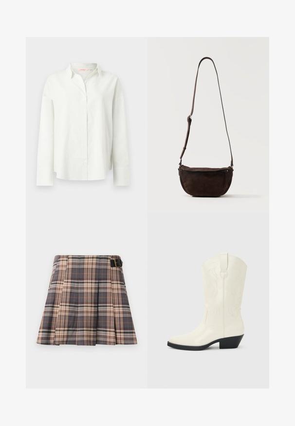 Witte blouse met lange mouwen en knopen, voorzien van een subtiele verticale geribbelde structuur en brede manchetten, met een klassieke kraag en een ontspannen pasvorm.; Geruite rok in grijs, beige en roestkleur; heeft plooien, een gespdetail en een gestructureerd ontwerp. Gemaakt van een geweven stof.; Witte westernlaars tot halverwege de kuit met puntige neus, zwarte gestapelde hak, decoratieve stiknaden en een lus aan de schacht.; Donkerbruine suède crossbodytas met een verstelbare riem en een ritsvak aan de voorkant, staand tegen een effen lichte achtergrond.