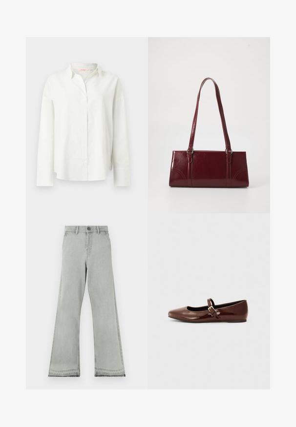 Chemise blanche à manches longues avec boutonnière, texture subtile à côtes verticales et larges poignets, dotée d'un col classique et d'une coupe décontractée.; Jean évasé gris clair en denim, doté d'une fermeture par bouton, d'une ceinture droite et d'une texture légèrement usée aux ourlets.; Ballerine en cuir verni marron avec un bout carré et une lanière ornée d'une petite boucle dorée. Texture lisse, talon bas et design minimaliste.; Sac à main bordeaux en matériau brillant, de forme rectangulaire, avec deux anses et des accents légèrement courbés à l'avant.
