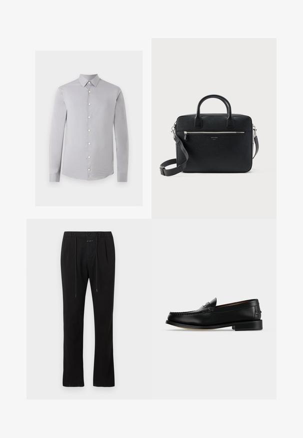 Chemise gris clair à manches longues avec col pointu et boutons blancs, présentée sur un fond blanc uni.; Pantalon noir à jambes droites avec plis à l'avant, fermeture par bouton et zip, et cordon de serrage à la taille.; Mocassin homme en cuir noir avec un petit talon et une couture de style mocassin sur l'avant, vu de côté sur un fond uni.; Serviette rectangulaire en cuir noir texturé avec double poignée, poche avant zippée et bandoulière réglable présentée sur fond blanc.