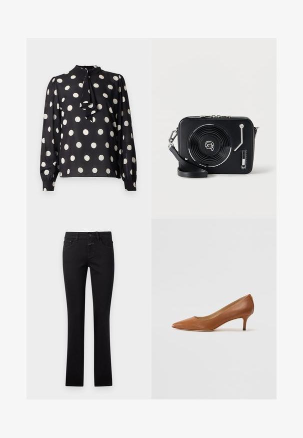 Zwarte blouse met witte polkadots, hoge hals en een strikdetail. Lange mouwen met geplooide manchetten, gladde satijnen textuur.; Zwarte denim jeans, met een aansluitend ontwerp, knoopsluiting en traditionele vijf-pocket stijl. Soepele textuur met een lichte rek.; Lauren Ralph Lauren ADRIENNE - Klassieke pumps - deep saddle tan; Zwarte rechthoekige crossbodytas ontworpen als een vinyl platenspeler met toonarm en volumeschuifdetails aan de voorkant.
