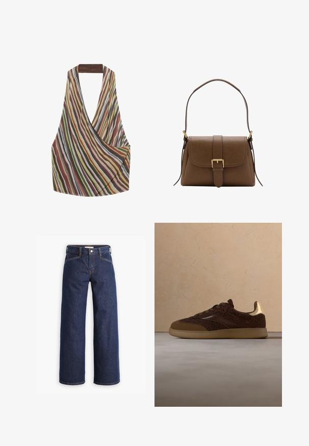 Sac bandoulière en tissu rayé avec des rayures diagonales multicolores rouges, vertes, jaunes et grises, doté d'une large sangle et d'un design drapé.; Jeans en denim bleu marine avec taille haute, coupe large et broderies orange discrètes. Comprend une fermeture par bouton et zip à l'avant.; Baskets marron à lacets avec imprimé léopard et accents dorés flottant au-dessus d'un tapis beige dans une pièce minimaliste.; Sac à bandoulière en cuir marron avec rabat avant et boucle dorée, disposant d'une bandoulière réglable avec ferrures dorées sur fond blanc.