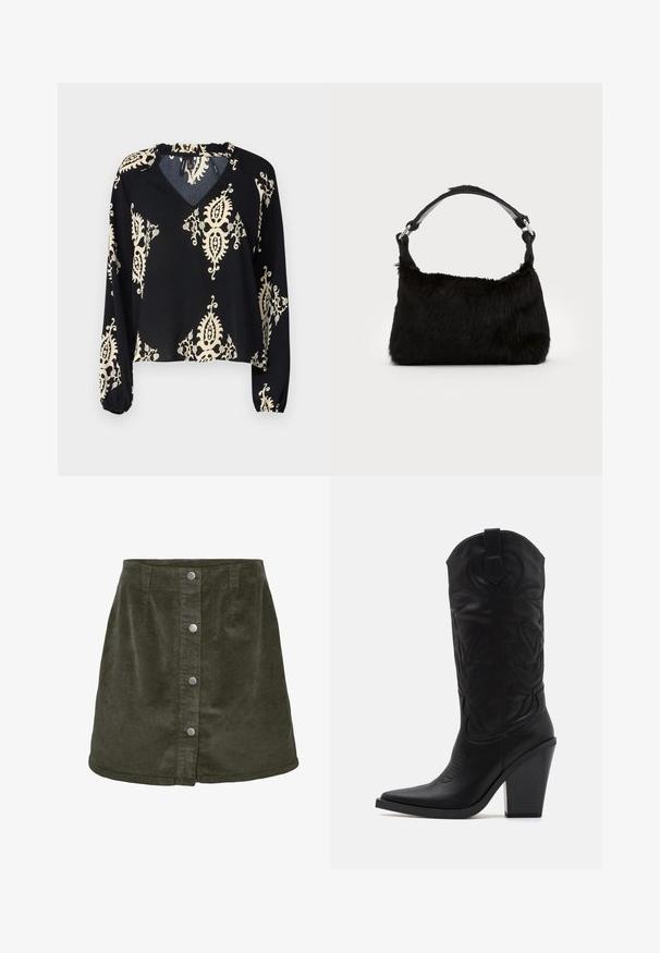 Zwarte blouse met lange mouwen en een V-hals, met een crèmekleurig paisleypatroon en elastische manchetten. Zachte stof met een relaxte pasvorm.; Donkergroene corduroy mini-jurk in A-lijn vorm, met vijf zilveren knoopsluitingen aan de voorkant en verticale ribbelstructuur.; Simmi London DANIQUE - Laarzen met hoge hak - black; Zwarte neplederen handtas met een zachte textuur, ronde vorm en een stevige zwartleren schouderband. Zilveren hardwareaccenten zichtbaar.