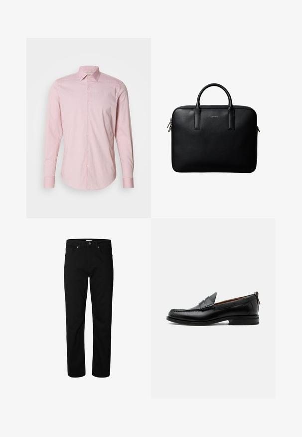 Helles rosa Hemd mit feinem Streifenmuster, langen Ärmeln, einem Kentkragen und abgerundetem Saum. Verfügt über cremefarbene Knöpfe.; Schwarze Jeans mit geradem Bein, Knopf- und Reißverschluss, Gürtelschlaufen und Taschen vorne und hinten, vor weißem Hintergrund dargestellt.; Schwarzer Leder-Herrenschuh mit Mokassinnaht, Penny-Riemen, strukturiertem Kragen und niedrigem gestapeltem Absatz auf weißem Hintergrund.; Schwarze strukturierte Lederaktentasche mit zwei Griffen und silbernen Reißverschlussanhängern, zentriert auf weißem Hintergrund.
