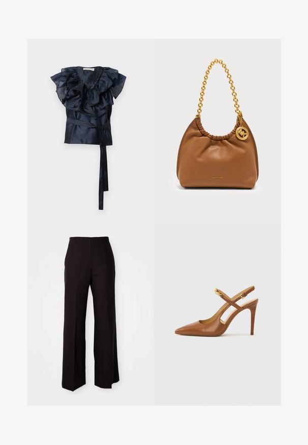 Top envolvente azul marino con mangas con volantes, tejido texturizado, escote en V y un cinturón atado en la cintura. Diseño ligero y ajustado.; Pantalones amplios negros de tiro alto, con una textura suave y sutiles pliegues frontales, diseñados para un ajuste estructurado.; Zapato de tacón alto de piel marrón con tiras cruzadas y talón de madera texturizado. Punta puntiaguda y detalle dorado en la correa.; Bolso de cuero marrón con correa de cadena dorada y charm redondo dorado con el logo de Michael Kors en el lateral.