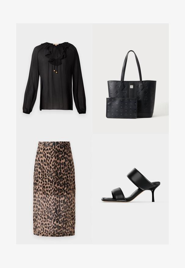 Schwarze Bluse aus leichtem Stoff mit einem rüschierten Ausschnitt, langen Ärmeln mit elastischen Bündchen und goldenen Akzenten an den Zugbändern.; Bleistiftrock im Leopardenmuster in Beige und Schwarz. Glattes Material, taillierte Passform mit knielanger Schnittführung und verstecktem Bund. Keine sichtbaren Verschlüsse.; Schwarze Leder-Mule-Sandale mit zwei breiten Riemen und einem schlanken, mittelhohen Stilettoabsatz auf einem schlichten hellen Hintergrund.; Schwarze Leder-Tote-Bag mit geprägten Logos und passender Reißverschlusstasche, vorne auf weißem Hintergrund platziert.