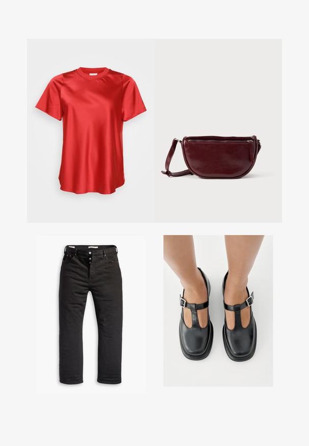 Kurzärmliges rotes Satinoberteil mit Rundhalsausschnitt, das eine glatte Oberfläche und einen lockeren Sitz bietet. Geeignet für zwanglose oder festliche Anlässe.; Schwarze Denim-Jeans mit geradem Bein, ausgestattet mit einem Knopfverschluss, fünf Taschen und dezentem Stickdetail. Angenehme Textur.; Schwarze Lederschuhe mit T-Riemen-Design, geschlossenem Zehenbereich und silbernen Schnallenakzenten. Glatte Textur mit rundem Zehenbereich und flacher Sohle.; Dunkelroter Lederhandtasche in halbmondförmiger Form mit Reißverschluss und abnehmbarem Tragegurt. Glatte Textur mit dezentem Glanz.