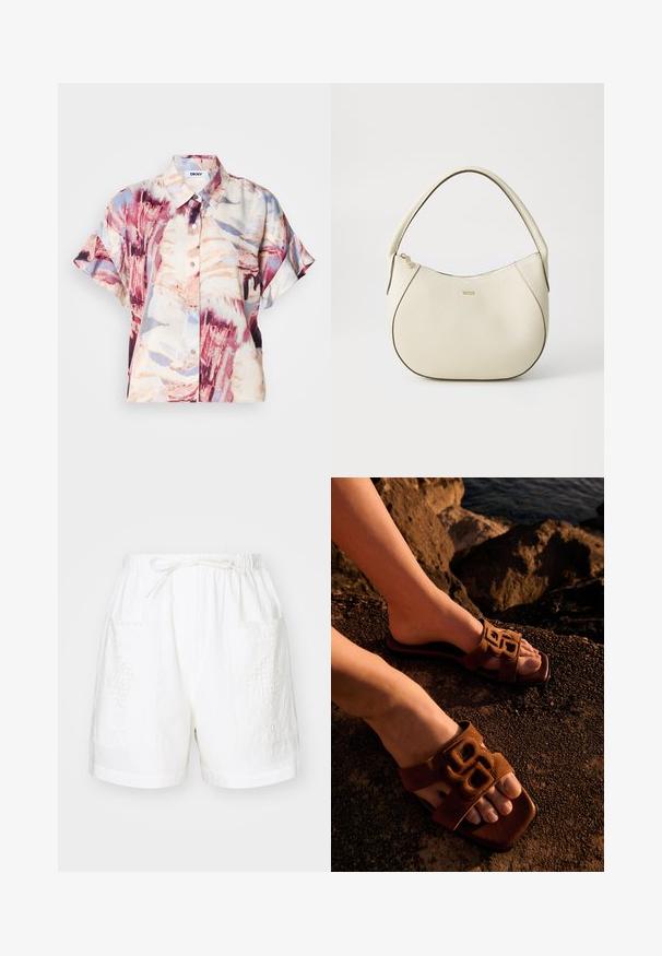 Kurzärmeliges, knöpfbares Hemd mit Kragen und abstraktem Aquarellmuster in Violett-, Beige- und Hellblautönen.; Weiße Baumwollkurzshorts mit einem elastischen Bund, Kordelzug und zwei vorderen Taschen, die mit komplizierten Stickereien verziert sind.; Füße in braunen Pantoletten mit dekorativem Riemen, die auf felsigem Boden nahe dem Wasser bei warmem Licht ruhen.; Cremfarbener Handtasche mit strukturiertem Finish, gebogener Form, kurzem Griff und Logo-Detail in Gold. Reißverschlussverschluss oben.