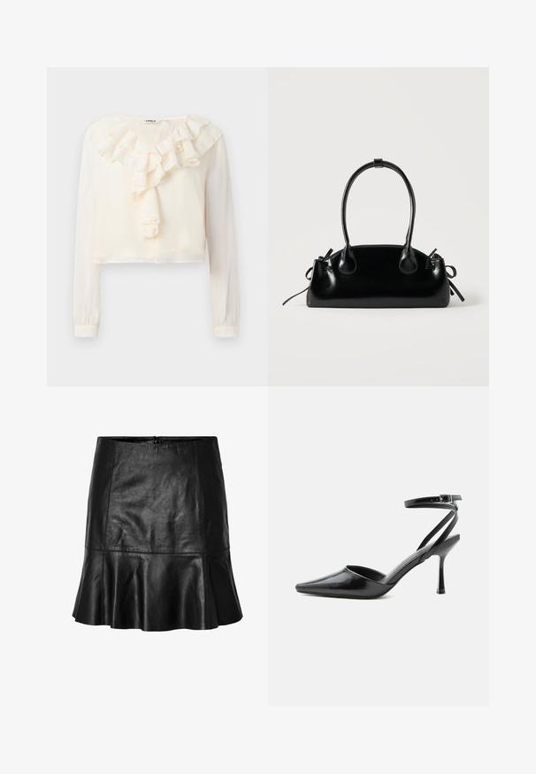 Blusa blanca de manga larga con escote en V y detalle fruncido en la parte frontal. Confeccionada en tejido ligero, presenta un diseño corto y una textura suave.; Minifalda de cuero negro con dobladillo acampanado y detalles de costura visibles, con cierre de cremallera en la parte trasera.; Zapato de tacón alto negro de punta fina con delgadas correas en el tobillo y cierre de hebilla plateada sobre un fondo liso claro.; Pequeño bolso negro brillante con dos asas largas y detalles de cordón lateral sobre un fondo claro liso.