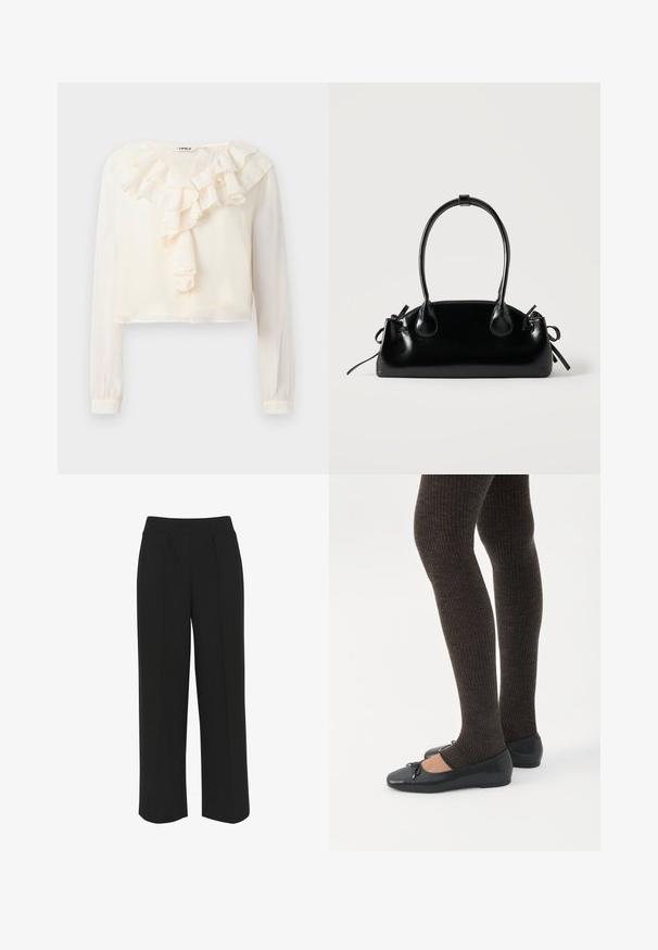 Blusa blanca de manga larga con escote en V y detalle fruncido en la parte frontal. Confeccionada en tejido ligero, presenta un diseño corto y una textura suave.; Pantalones de pierna ancha negros con una cinturilla plana, que presentan pliegues delanteros y una textura suave. Sin bolsillos ni herrajes visibles.; Piernas con leggings oscuros acanalados combinados con bailarinas negras que presentan pequeños detalles de lazo sobre un fondo blanco.; Pequeño bolso negro brillante con dos asas largas y detalles de cordón lateral sobre un fondo claro liso.