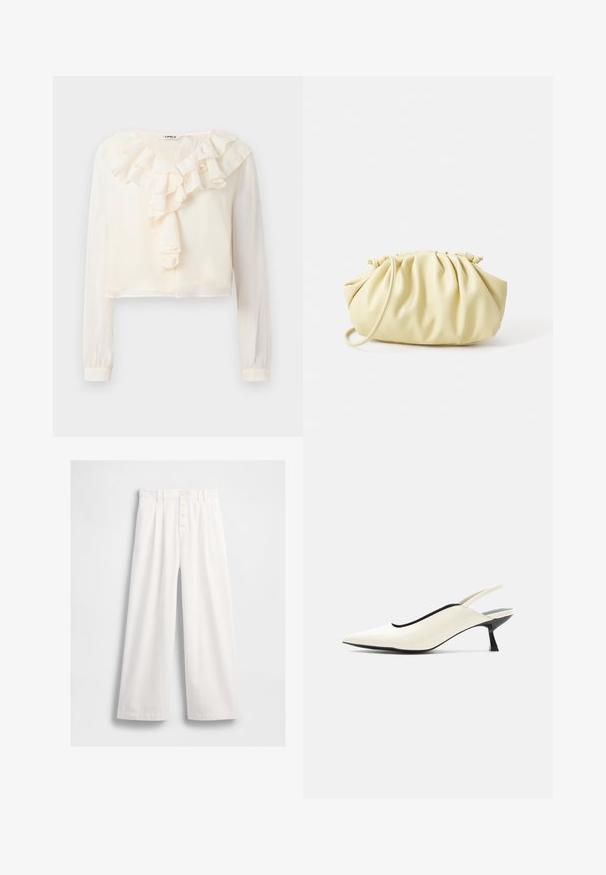 Blouse blanche à manches longues avec un col en V et des détails froncés à l'avant. Fabriquée en tissu léger, elle présente une coupe courte et une texture douce.; Pantalons larges blancs en tissu lisse, avec une taille haute, une fermeture frontale à boutons visibles et des coutures soignées le long des ourlets.; Chaussure slingback pointue couleur crème avec petit talon noir style escarpin bas et finition en cuir lisse sur fond blanc.; Sac à main plissé jaune en simili cuir lisse, arborant une forme douce avec une bandoulière unique et un design froncé sur le dessus.