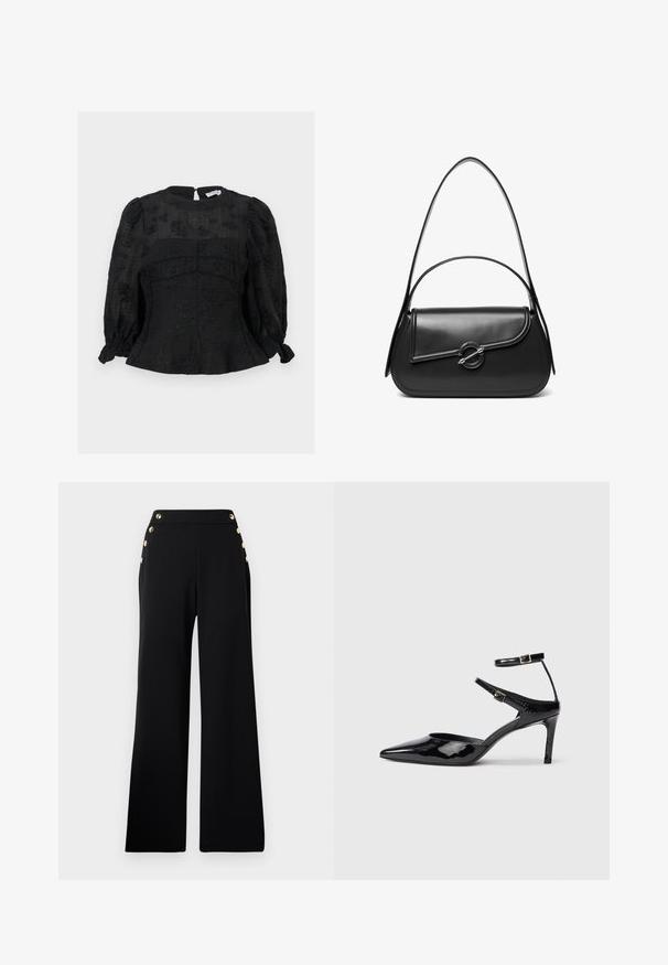 Blouse noire à manches longues avec motifs floraux subtils, épaules bouffantes, taille cintrée et fermeture éclair à l'arrière.; Pantalons noirs taille haute à jambe large avec des boutons en or sur le devant et des poches sur les deux hanches sur un fond blanc.; Talons en cuir verni noir avec un bout pointu, des sangles de cheville ajustables et un talon fin. Texture lisse avec une finition brillante.; Sac à bandoulière en cuir noir avec un rabat incurvé fermé par un fermoir métallique rond et une sangle fine et ajustable.