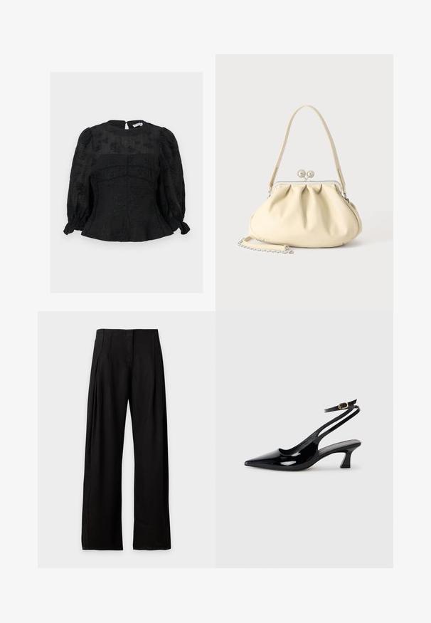 Blouse noire à manches longues avec motifs floraux subtils, épaules bouffantes, taille cintrée et fermeture éclair à l'arrière.; Pantalon noir taille haute à jambes larges avec poches latérales, fermeture éclair devant et finition en tissu lisse, présenté sur fond blanc.; Escarpins à brides arrière en cuir verni noir, à bout pointu, avec un petit talon carré et une sangle de cheville ajustable dotée d'une boucle dorée.; Sac à main en cuir souple couleur crème avec un design froncé, fermoir cadre argenté, poignée courte et bandoulière chaîne amovible.