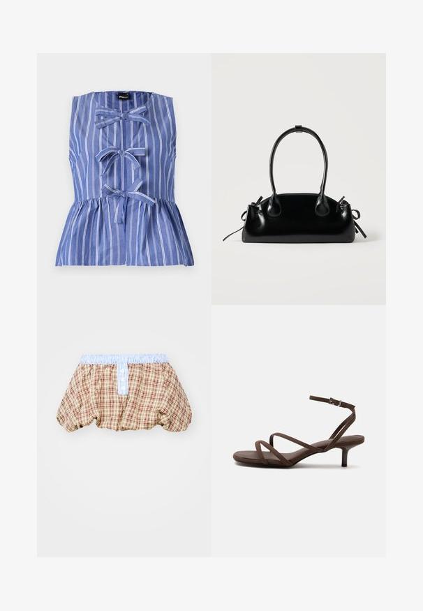 Top sin mangas a rayas azules y blancas, con un silueta peplum, acentos de lazo y cierre de botón en la parte delantera.; Pantalones cortos abullonados a cuadros en marrón, beige y rojo, con una cinturilla de rayas azul claro y detalles de botones en la parte delantera.; Sandalia marrón de tacón alto con tiras finas cruzadas y una correa en el tobillo con una hebilla plateada sobre un fondo blanco.; Pequeño bolso negro brillante con dos asas largas y detalles de cordón lateral sobre un fondo claro liso.