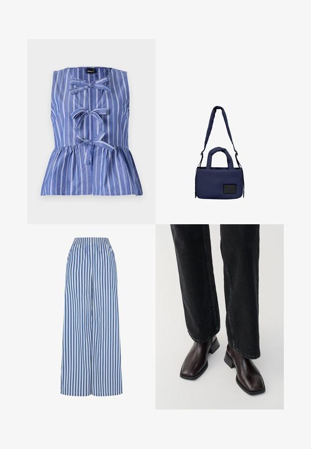 Blauw-wit gestreepte mouwloze top, met een peplum-silhouet, strikaccenten en een knoopsluiting aan de voorkant.; Wijdlopende broek in blauw-witte verticale strepen, met een elastische tailleband en een lichte stof voor comfort en ademend vermogen.; Bruine leren enkellaarsjes met een vierkante neus en blokhak, gecombineerd met zwarte wijde jeans. Glad textuur en minimalistisch ontwerp.; Marineblauwe gewatteerde tas met twee korte handvatten en een afneembare schouderriem, met een textuur label op de voorkant. Gladde materiaalfinish.
