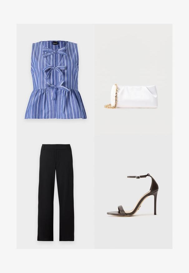 Haut sans manches bleu et blanc à rayures, avec une silhouette peplum, des accents en nœud papillon et une fermeture à boutons à l'avant.; Pantalon noir à jambes droites avec passants de ceinture et braguette zippée, présenté sur fond blanc.; Sandale à talons hauts marron avec une fine bride de cheville et une bande de orteil plate. Texture en cuir lisse avec un bout pointu et un design à talon aiguille.; Pochette souple blanche avec bandoulière chaîne dorée ornée de pierres précieuses transparentes, sur fond gris clair uni.