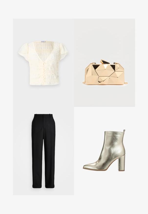 Cremefarvet kortærmet top med smocked tekstur, V-hals og knaplukning. Letvægtsstof med diskrete pufærmer.; Polo Ralph Lauren HIGH RISE RELAXED STRAIGHT TROUSER - Bukser - black; Metallic guld ankelstøvle med spids tå, glat tekstur og en chunky høj hæl. Har en løkke bagpå for nem påtagning.; Guld clutch taske i geometrisk form med en skinnende metallisk overflade, med en sort detalje på toppen og en aftagelig kædestrop.