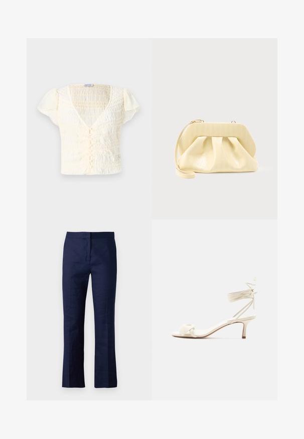 Crème-kleurige top met korte mouwen, met een gesmokt textuur, V-hals en knoopsluiting. Lichtgewicht stof met subtiele pofmouwen.; Navyblauwe op maat gemaakte broek van een gladde stof, met een rechte pijp, voorplooien en een getailleerde tailleband.; Roomkleurige sandalen met lage hak, enkelriempjes en een brede gedraaide band over de tenen, op een effen witte achtergrond.; Crème-kleurige leren clutch met een gestructureerd bovenframe en polsbandje, weergegeven tegen een effen lichte achtergrond.