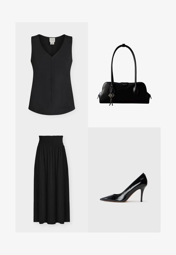 Haut noir sans manches pour femme avec col en V, ourlet droit et étiquette Calvin Klein à l'intérieur de l'encolure.; Jupe maxi noire avec large ceinture élastique smockée et tissu fluide sous la taille.; Escarpin à talon haut en cuir verni noir avec un bout pointu, présentant une texture lisse et un talon aiguille mince. Aucun accessoire visible.; Sac à main en cuir noir Calvin Klein avec de longues anses, une étiquette logo à l'avant et un charme géométrique argenté suspendu à une anse.