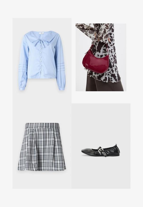 Blusa de manga larga azul claro con un gran cuello con borde ondulado, cierre de botones al frente y mangas fruncidas con detalles de pliegues.; Falda corta de cuadros en gris y blanco, con pliegues y una cinturilla. Hecha de tela ligera, con rayas verticales y horizontales.; Zapato plano de piel negra con puntera afilada, detalle fruncido alrededor de la abertura y un acento de hebilla plateada en la correa ajustable.; Mujer con blusa de estampado en blanco y negro sosteniendo un bolso de hombro rojo brillante sobre un fondo liso.