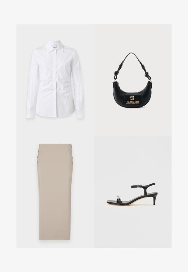 Camisa blanca de manga larga con botones y cuello, tela ligeramente arrugada y una etiqueta de marca visible dentro del cuello.; Falda lápiz beige hecha de una tela suave, con botones laterales, una silueta estilizada y sin bolsillos ni patrones visibles.; Sandalia de tacón de cuero negro con correa en el tobillo, punta abierta, frente cuadrado y detalle en hardware plateado. Diseño ajustado con un perfil elegante.; Bolso negro en forma de media luna con asa anudada y placa frontal dorada con el logo "Love Moschino", cierre superior con cremallera.