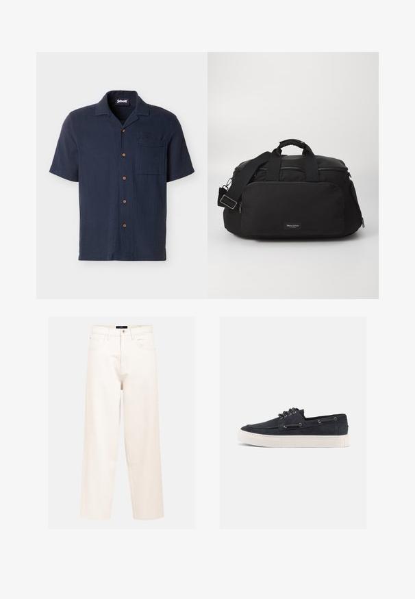 Marineblauw kortermig overhemd met knopen, borstzak, kraag en houten knopen, plat gelegd op een witte achtergrond.; Lichtbeige wijdvallende jeans van katoen denim met een hoge taille, vijfzakkenontwerp en een enkele sluiting met knoop aan de voorkant.; Casual sneaker van marineblauw suède met witte rubberen zool, zwarte veters en metalen veteroogjes, gezien vanaf de rechterkant tegen een effen achtergrond.; Zwarte nylon sporttas met dubbele handvatten, verstelbare schouderriem, voorvak met rits en merketiket. Gladde textuur en gestructureerde vorm.