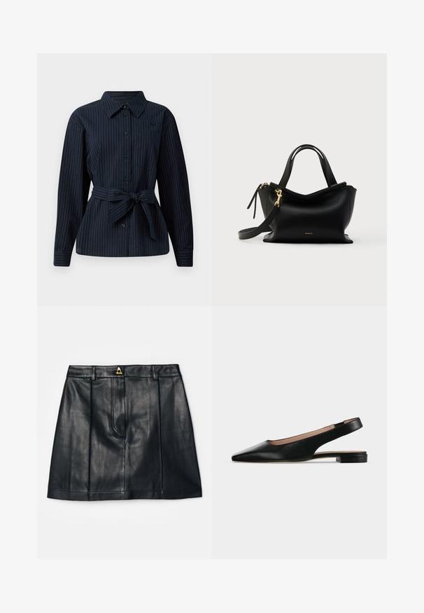 Dunkelblaues Hemd mit langen Ärmeln, Kragen, vertikalen weißen Streifen, einer einzelnen Brusttasche und einem gebundenen Taillengurt.; AERON RUDENS SKIRT - A-Linien-Rock - black; Schwarzer Lederslingback-Flachschuh mit spitzer Zehenpartie und niedrigem quadratischem Absatz auf weißem Hintergrund.; Schwarze Lederhandtasche mit geschwungenem Design, goldenen Beschlägen, kurzen Griffen und abnehmbarem Schulterriemen. Verfügt über eine glatte Textur und ein Logodetail.