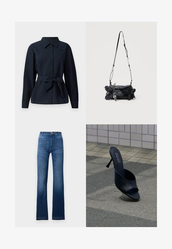Mørkeblå button-up skjorte med lodrette hvide striber, lange ærmer, krave, enkelt brystlomme og detaljer med en bundet taljebælte.; Blå denim flared jeans med fem lomme-design, knaplukning og synlige sømme langs sømmene, med en let falmet finish.; Sort mule med åben tå og slank høj hæl, placeret på asfalt nær en beige væg med firkantede fliser, med tekst på indersålen, der beskriver mærket og det veganske materiale.; Sort skuldertaske i læder med justerbar rem og to store dekorative sorte læderblomster med metaløjer foran.