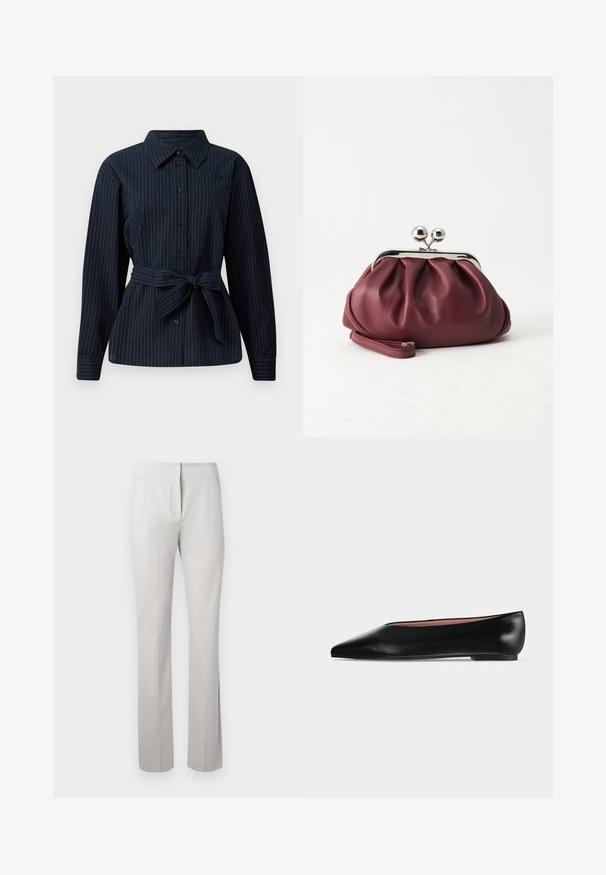 Chemise boutonnée marine foncé avec des rayures blanches verticales, manches longues, col, une poche poitrine et un détail de ceinture nouée à la taille.; Pantalon gris clair, ajusté, avec une texture lisse, coupe droite et taille mi-haute. Présente une fermeture éclair à l'avant et des poches latérales.; Chaussure plate en cuir noir pour femme, avec bout pointu et petit talon, vue de côté sur un fond gris clair uni.; Petit sac pochette en cuir bordeaux avec fermoir métallique argenté et bracelet sur fond blanc.
