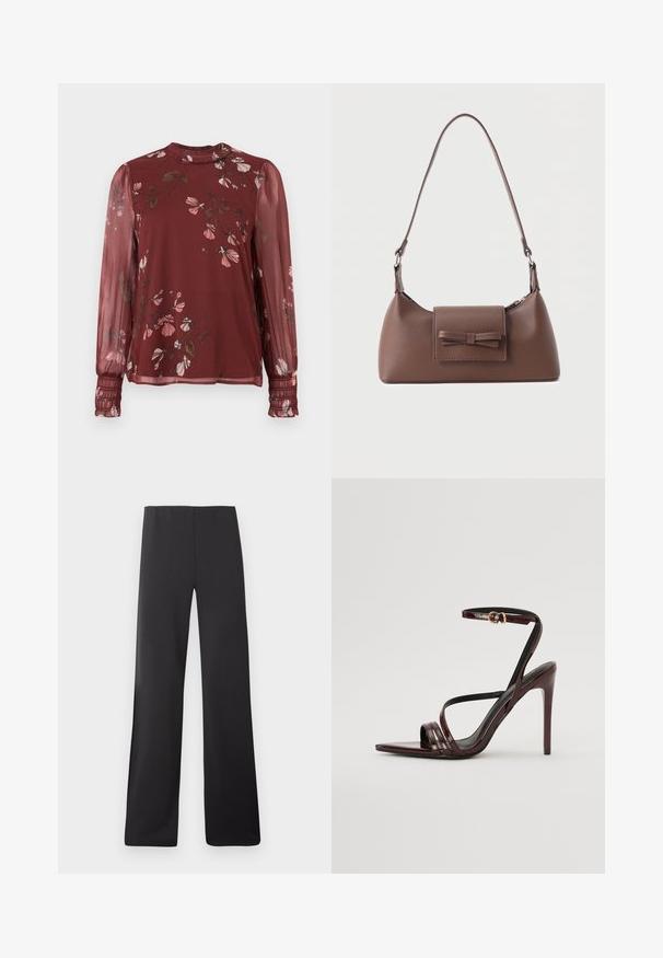 Blouse bordeaux transparente à manches longues avec imprimé floral rose, col montant à volants et poignets froncés.; Pantalons larges noirs en tissu lisse, dotés d'une taille haute et d'un design pleine longueur, sans motifs ni éléments apparents.; Sandale à talons hauts en cuir verni bourgogne avec une bride de cheville, bout pointu et trois bandes horizontales sur le pied. Détail de boucle dorée.; Sac à bandoulière en cuir marron avec une poche à rabat avant ornée d'un détail en forme de nœud cousu et une sangle réglable.