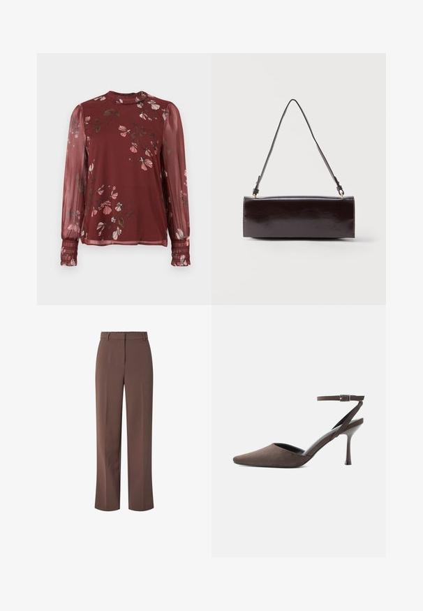 Langärmlige, durchscheinende burgunderrote Bluse mit rosa Blumenmuster, hohem gerafftem Kragen und gesammelten Manschetten.; Braune hochtaillierte, maßgeschneiderte Hose mit Gürtelschlaufen und einem Reißverschluss vorne, ausgestattet mit einem geraden Bein.; Brauner Veloursleder-Pumps mit spitz zulaufender Spitze, dünnem Knöchelriemen und silberner Schnalle vor weißem Hintergrund.; Rechteckige schwarze Ledertasche mit einem einzelnen langen Riemen und glänzendem Finish, vor einem schlichten weißen Hintergrund präsentiert.