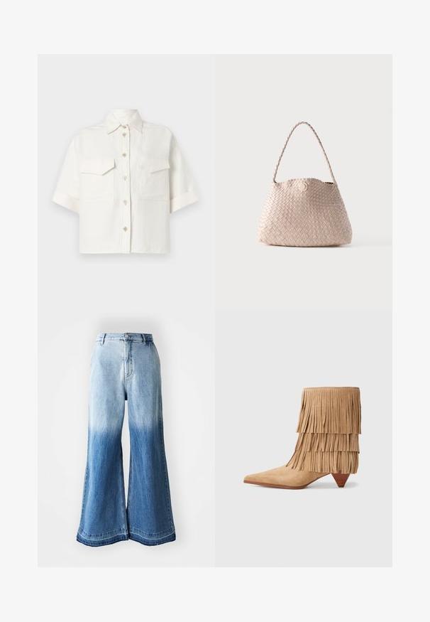 Wit overhemd met korte mouwen, knoopsluiting, borstzakken, een spitse kraag en een losse pasvorm. Gemaakt van lichtgewicht stof met een zachte textuur.; Lichtblauwe denim broek met wijde pijpen, kenmerkend door een vervaagde gradient van licht naar donker, gestikte zoom en vijf zakken.; Tan suède enkellaars met gelaagde franjes, spitse neus en een conische hak. Beschikt over een zachte textuur en een unieke silhouet.; Beige geweven leren schoudertas met een afgeronde vorm en gevlochten handvat, met een kleine ronde leren knoopsluiting.