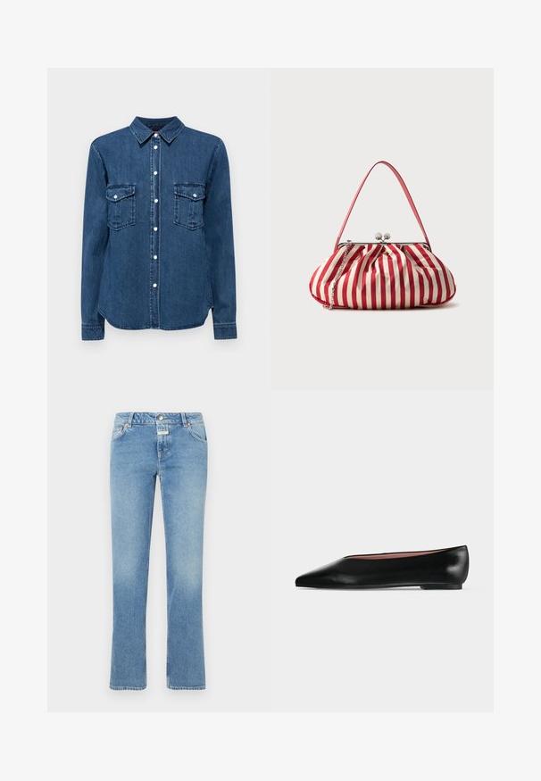 Denimskjorte i mørkeblå, med krave, knaplukning fortil og to brystlommer med klapper. Lange ærmer med knapmanchetter.; Blå denim jeans med lige ben design, medium taljehøjde, fem lommer og subtil fading i hele stoffet.; Sort damesko i læder med flad hæl og spids tå, vist fra siden på en ensfarvet lys grå baggrund.; Rødt og hvidt vertikalt stribet stofpung med sølvspænde, tynd hank og en ekstra sølvkæderem, placeret på en ensfarvet baggrund.