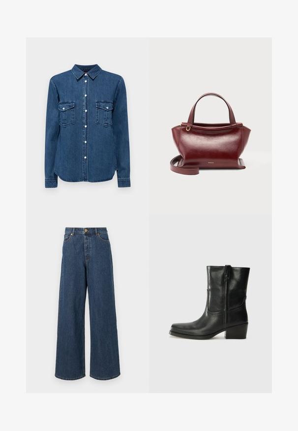 Denimskjorte i mørkeblå, med krave, knaplukning fortil og to brystlommer med klapper. Lange ærmer med knapmanchetter.; Bredde denimjeans i mørkeblå med høj talje, frontlukning med knap og klassisk fem-lomme design med subtile syninger.; Sort læder ankelstøvle med rundt tå, blokhæl, lynlås i siden og stikninger på vampsiden. Glat tekstur, klassisk design.; Mørkerød lædertaske med to håndtag øverst, aftagelig skulderrem, guldfarvet hardware og mærkenavnet Wandler på forsiden i midten.