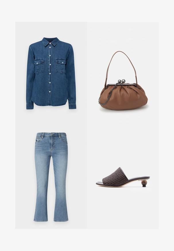 Camisa de denim en azul oscuro, con cuello, cierre de botones en la parte delantera y dos bolsillos en el pecho con solapas. Mangas largas con puños abotonados.; Jeans de campana en azul claro, hechos de mezclilla. Presenta una cintura de media altura, cinco bolsillos y trabillas para cinturón. Detalles de desgaste y costuras visibles.; Sandalia mule marrón tejida con puntera abierta y tacón bajo redondeado de madera sobre fondo blanco.; Bolso de cuero marrón con un diseño gather, una asa corta de cuero y una correa de cadena. Presenta un cierre de metal plateado con dos acentos redondos.